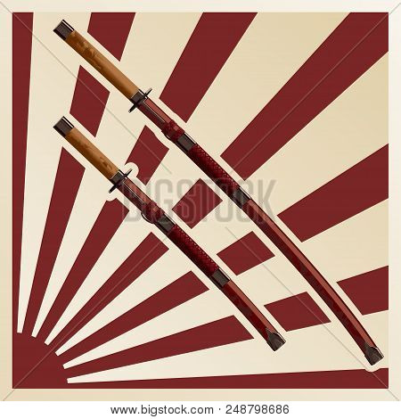 Samurai Swords In A Sheath Against The Background Of The Sun