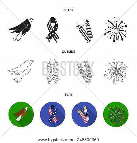 American Eagle, Ribbon, Salute. The Patriot Day Set Collection Icons In Black, Flat, Outline Style V