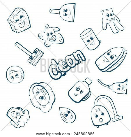 Cartoon Items For Clean Up. Parlourmaid Work Set Vector Illustration.