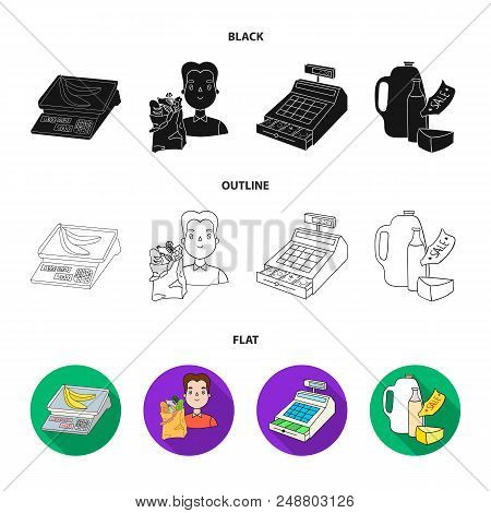 Package, Scales, Banana, Fruit .supermarket Set Collection Icons In Black, Flat, Outline Style Vecto