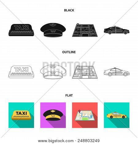 Yellow Taxi Inscription, A Cap With A Taxi Badge, A Map With A Mark, A Car With Checkers. Taxi Set C