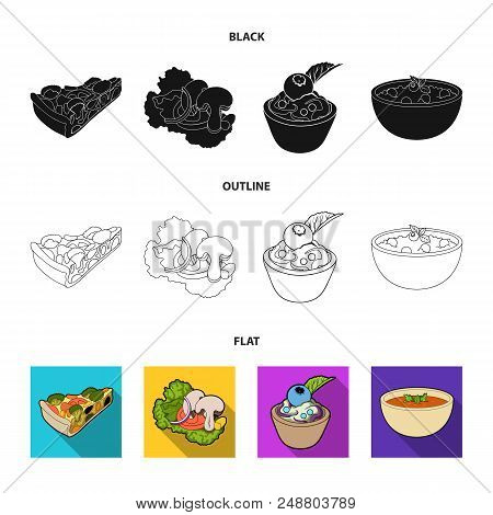 Piece Of Vegetarian Pizza With Tomatoes, Lettuce Leaves With Mushrooms, Blueberry Cake, Vegetarian S