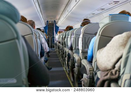 WARSAW, POLAND - CIRCA NOVEMBER, 2017: inside Eurolot Bombardier Q400 NextGen.
