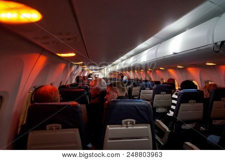 WARSAW, POLAND - CIRCA NOVEMBER, 2017: inside Eurolot Bombardier Q400 NextGen.