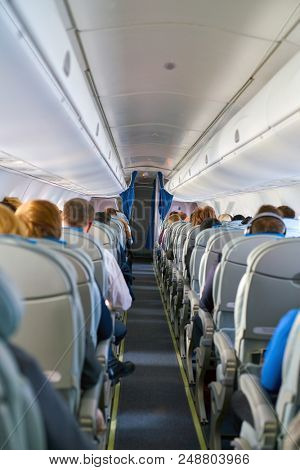 WARSAW, POLAND - CIRCA NOVEMBER, 2017: inside Eurolot Bombardier Q400 NextGen.