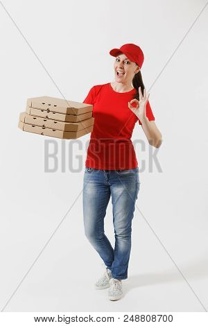 Full Length Portrait Of Happy Woman In Red Cap, T-shirt Giving Food Order Pizza Boxes Isolated On Wh