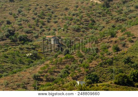 Concrete Irrigation Basin On High Hills In Andalusia, A Place Of Water Storage In Arid Areas