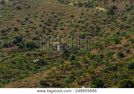 Concrete Irrigation Basin On High Hills In Andalusia, A Place Of Water Storage In Arid Areas