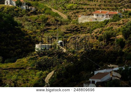 Concrete Irrigation Basin On High Hills In Andalusia, A Place Of Water Storage In Arid Areas