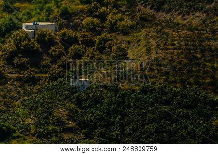 Concrete Irrigation Basin On High Hills In Andalusia, A Place Of Water Storage In Arid Areas