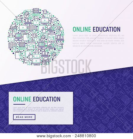 Online Education Concept In Circle With Thin Line Icons: Online Course, Webinar, E-book, Video Confe