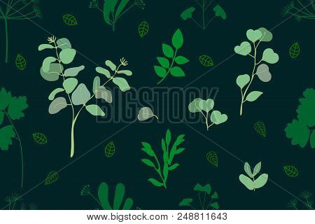 Seamless Vector Pattern On Dark Green Background. Trendy Design For Textile, Cards And Other Decorat
