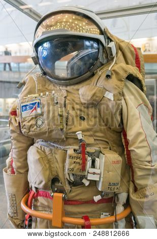Kaluga, Russia, September 17, 2017: Russian astronaut spacesuit in Kaluga space museum