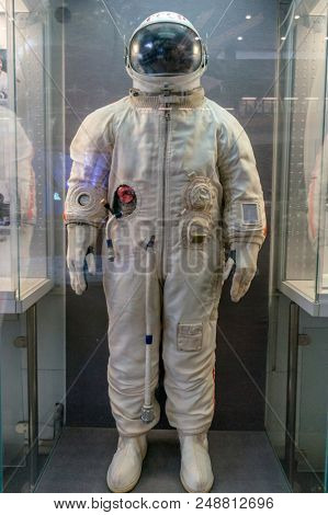 Kaluga, Russia, September 17, 2017: Russian astronaut spacesuit in Kaluga space museum