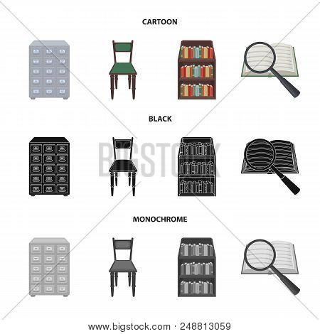 Cabinet With Filing Cabinet, Chair, Shelves, Information Search. Library And Bookstore Set Collectio