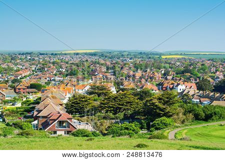 View Of The Town Of Seaford From The Cliff Walk, Houses, Fields Seaford Head, East Sussex, England, 