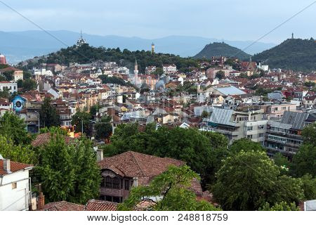 Plovdiv, Bulgaria - May 24, 2018: Night Panoramic Cityscape Of Plovdiv City From Nebet Tepe Hill, Bu