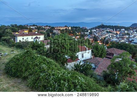 Plovdiv, Bulgaria - May 24, 2018: Night Panoramic Cityscape Of Plovdiv City From Nebet Tepe Hill, Bu