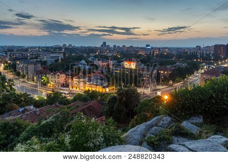 Plovdiv, Bulgaria - May 24, 2018: Night Panoramic Cityscape Of Plovdiv City From Nebet Tepe Hill, Bu