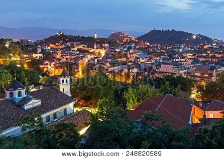 Plovdiv, Bulgaria - May 24, 2018: Night Panoramic Cityscape Of Plovdiv City From Nebet Tepe Hill, Bu
