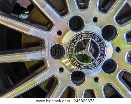 Labuan,malaysia-may 13,2018:closeup Of Mercedes Benz Logo On Mercedes Benz Cla 200 Wheel In Display 