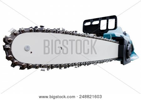 Professional Chainsaw Isolated On White Background.  New Chainsaw Saw Isolated On White. Close-up Of