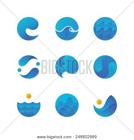 Sea Surface, Ocean Waves Logos And Water Labels. Swimming Pool Badges. Isolated Vector Set. Sea Wave
