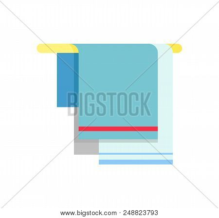 Blue Towels With Decorative Colorful Lines Hanging On Towel Rail. Vector Illustration Of Bathroom St