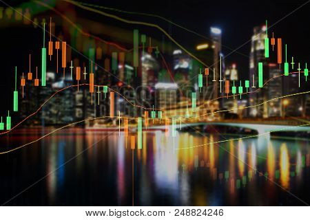 Stock Market Chart, Stock Market Data In Blue On Led Display Concept With City Scape Singapore Blur