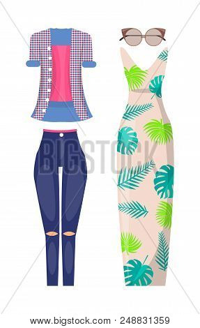 Summer Stylish Outfits Casual And Elegant. Ripped Jeans With Checkered Shirt, Long Dress With Floral