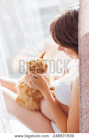Pregnant Woman In White Underwear With Cute Ginger Cat. Young Woman Expecting A Baby. Risk Of Infect