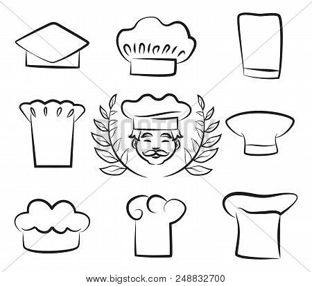 Set Of Chef Hats With Cook Man Dressed In White Uniform Headwear, Draft With Laurel Branches, Sketch
