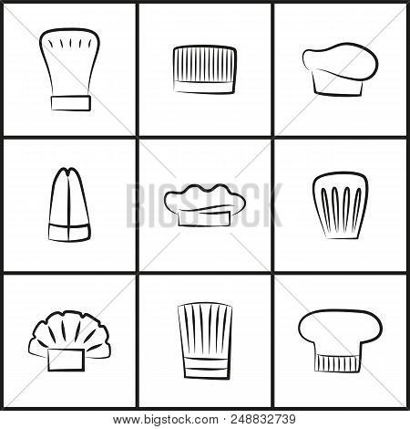 Chef Hats Of All Shapes Thin Outline Set. Cooks Uniform Elements With Various Designs. Chef Hats Ske