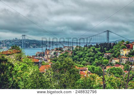 Panoramic View Of Bosphorus And Bosphorus Bridge From The Hilltop Of Kuzguncuk, Small District At Th