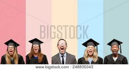 Senior teacher with his graduate students stressful, terrified in panic, shouting exasperated and frustrated. Unpleasant gesture. Annoying work drives me crazy
