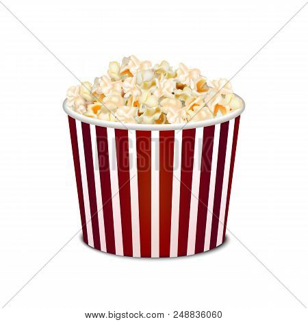 Realistic Detailed 3d Popcorn Snack In Striped Bucket Isolated On White Background Big Portion Cinem