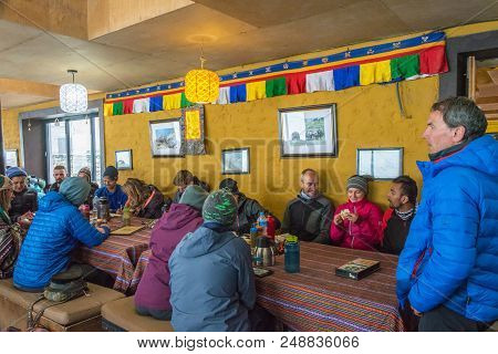 In The Base Camp Cabins Company At The Thorong La Pass On 6 April 2018 On The Track Around Annapurna