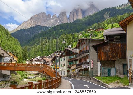 Village Of Canazei On Fassa Valley In Trentino Alto Adige, Italy