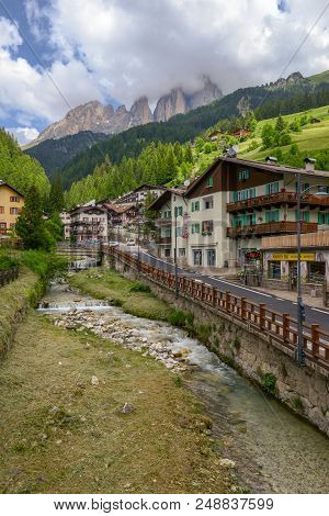 Village Of Canazei On Fassa Valley In Trentino Alto Adige, Italy