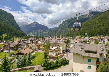 Village Of Canazei On Fassa Valley In Trentino Alto Adige, Italy