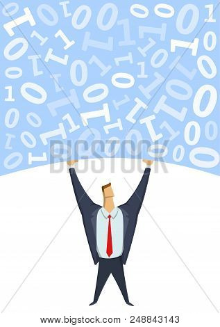Digital Environment. Strong Man Holding Bulk Of Big Digital Data Above His Head On White Background.