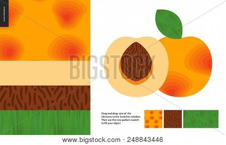 Food Patterns, Summer - Fruit, Apricot Texture, Half Of Apricot Image On Side - Four Seamless Patter