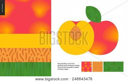 Food Patterns, Summer - Fruit, Peach Texture, Half Of Peach Image On Side - Four Seamless Patterns O