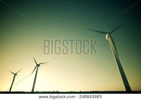 Windmills for electric power production, La Muela, Zaragoza Province, Aragon, Spain.