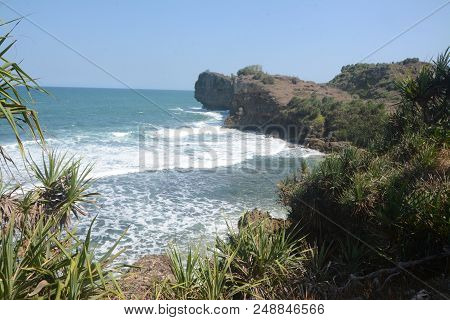 Panoramic Ngedan Beach With Pandanus Trees At Gunungkidul, Yogyakarta, Indonesia