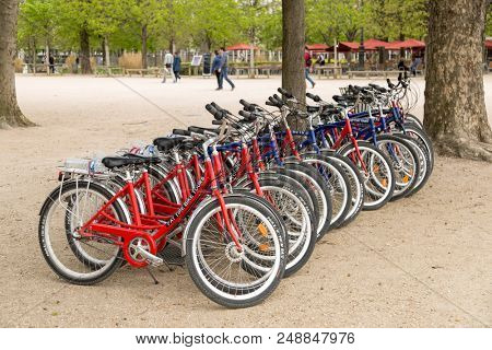 Paris, France - March 28, 2017: Public bicycle rental stand