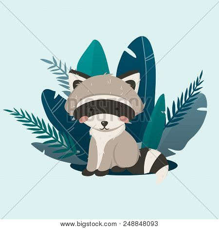 Vector Illustration, Raccoon Inside Tropical Leaves. Litlle And Cute Raccoon