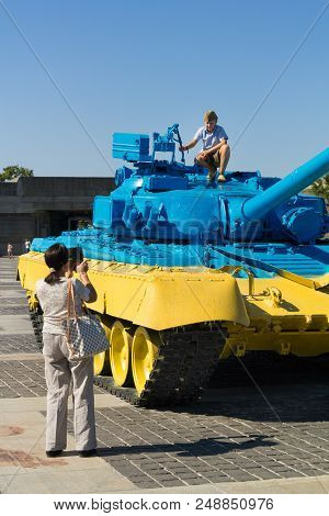 Kiev, Ukraine - August 9, 2015: Russian T55 Tank Captured In Eastern Ukraine By The Ukrainian Army P