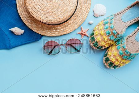 Summer Fashion Flatlay With Gradient Round Sunglasses, Straw Hat, T-shirt And Espadrille Sandals On 