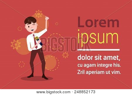 Man Character Holding Microphone Toastmaster Template For Design Work Or Animation Over Red Backgrou